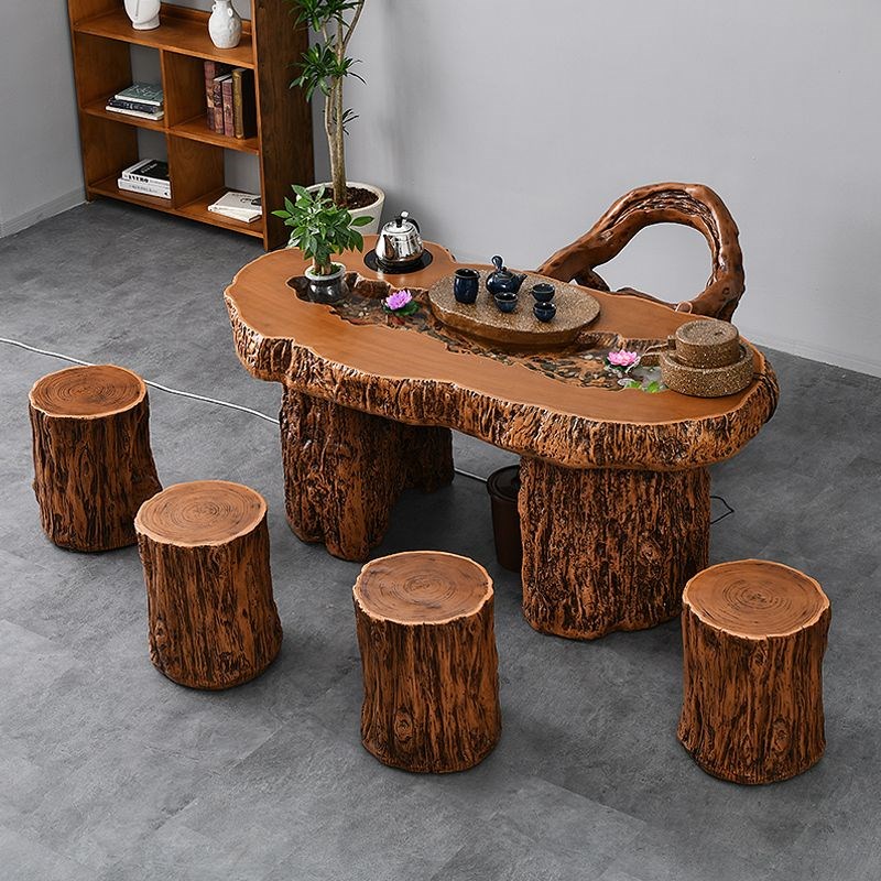 中式石磨流水茶桌椅家用办公室一体养鱼仿木根雕室内室外功夫茶台