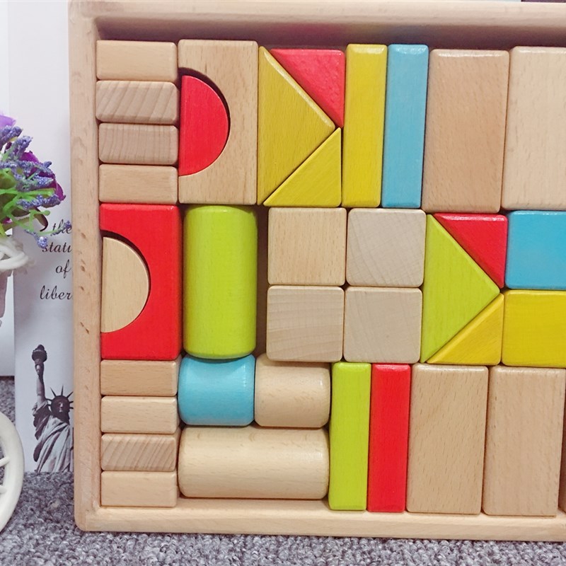 包邮可啃咬100粒木制大块原木积木大块榉木不上漆益智玩具2-3-5岁