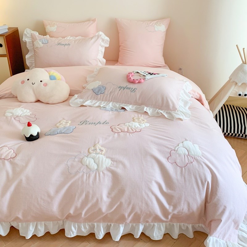 少女心纯棉四件套公主风全棉被套刺绣儿童加厚磨毛床单款床上用品