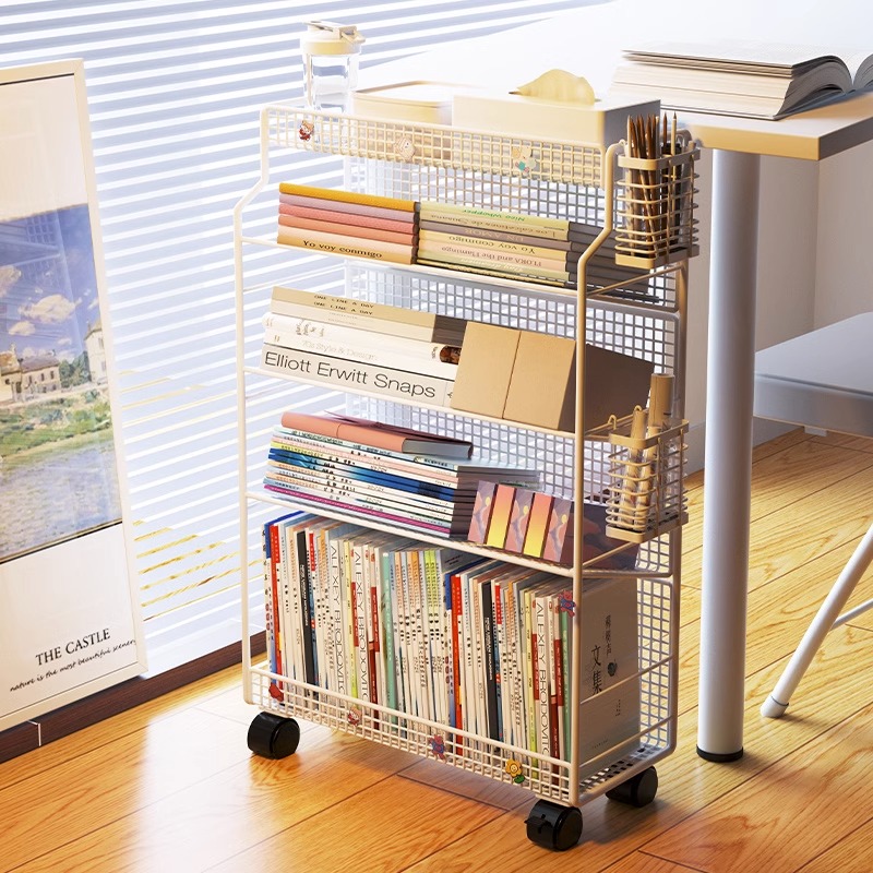 书桌旁小书架置物架落地可移动带轮桌边书架简易学生课桌旁书柜子