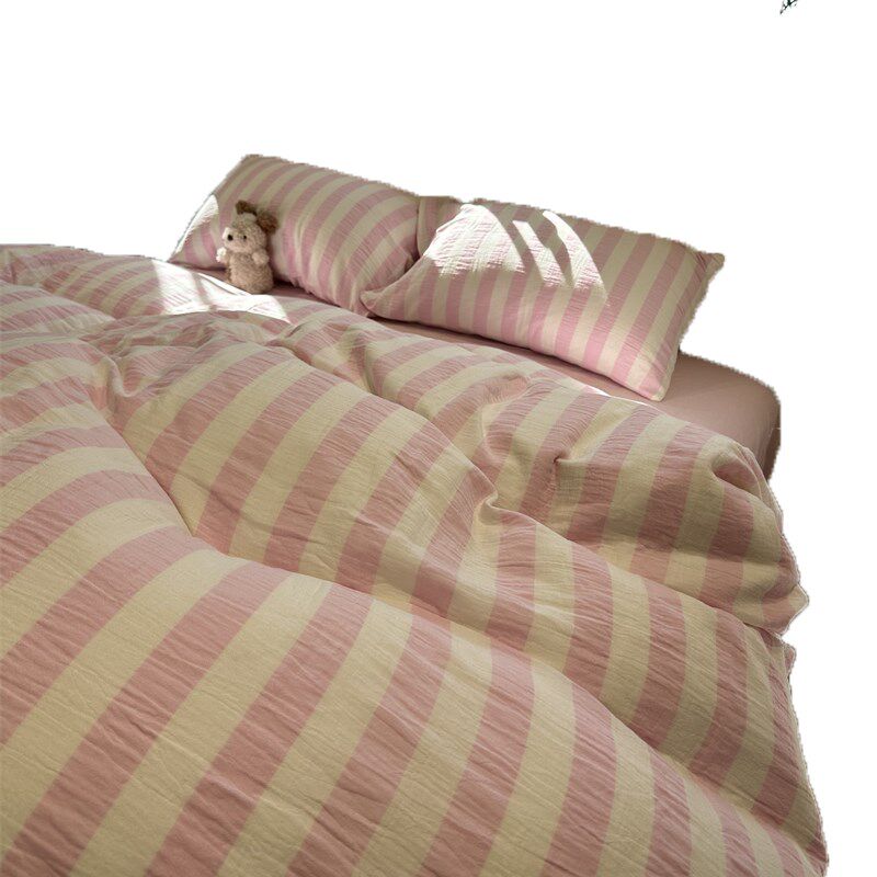 少女色织双层皱皱纱桃粉条纹四件套全棉1.5m1.8米公寓被套三件套