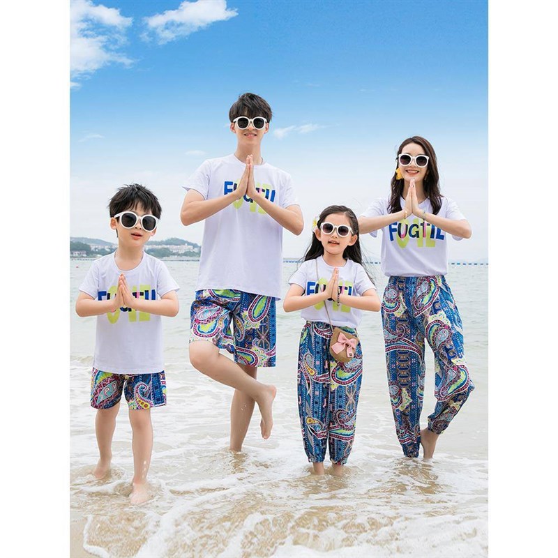 三亚海边度假沙滩情侣装全家亲子装母女父子夏装一家四口洋气套装