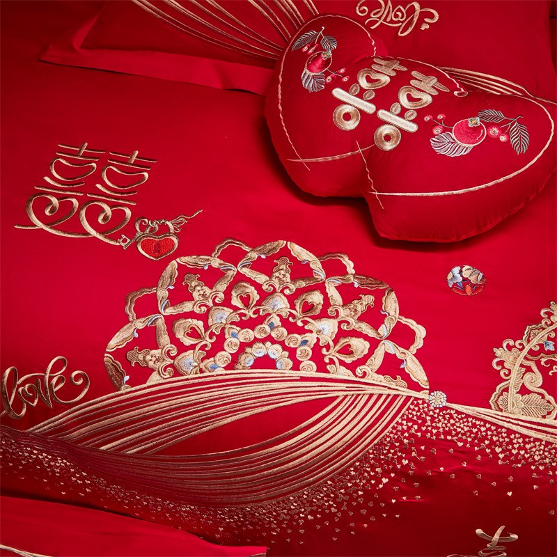 中式婚庆床上全棉四件套简约红色刺绣喜被套新婚床单纯棉结婚床品