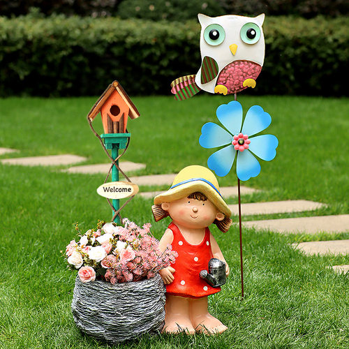 花园庭院网红装饰院子别墅阳台造景风车娃娃花盆幼儿园户外摆件