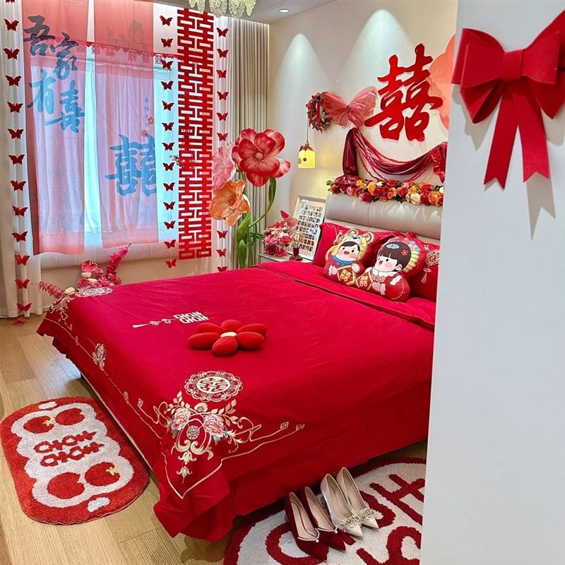 结婚四件套全棉2024新款床单大红色被套婚庆喜被床上用品