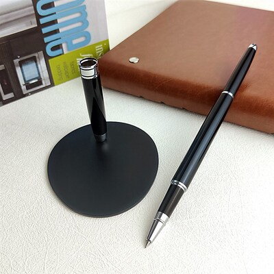 桌面签字笔刻字定制LOGO签约仪式笔带线商务金属黑色固定台笔