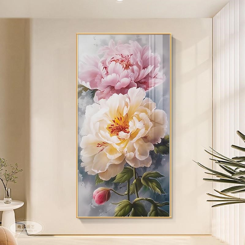 花开富贵装饰画奶油风入户玄关牡丹花挂画走廊过道尽头高级感壁画图片