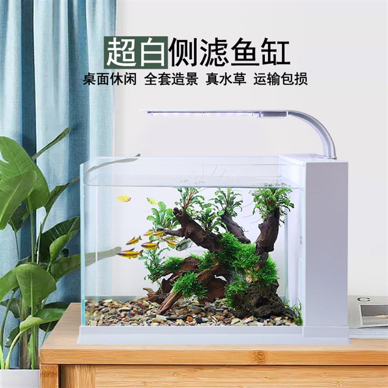 侧滤鱼缸超白玻璃缸客厅家用生态水族H箱自循环水草缸桌面造景套
