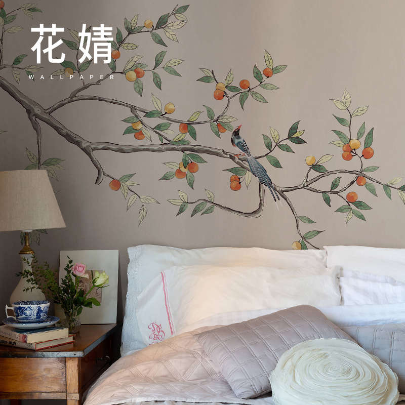 家用卧室墙壁客厅壁纸无纺布墙背景墙纸花鸟中式定制布电视布壁画