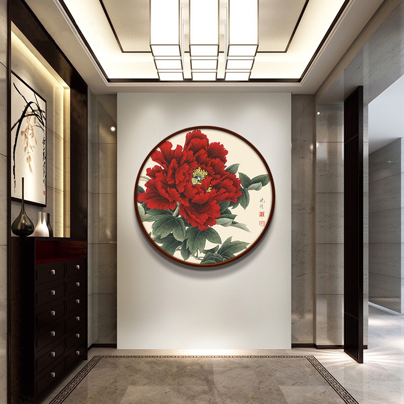 网红壁画挂画牡丹花玄关装饰画圆形背景墙电箱新中式餐厅花开富贵图片