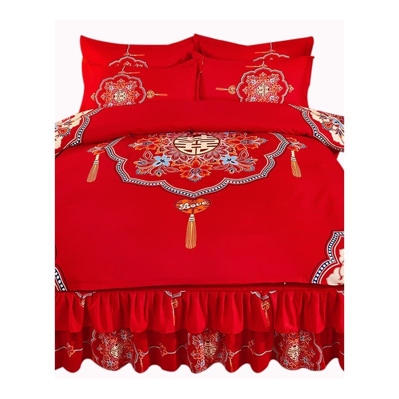 结婚床上用品四件套婚庆大红色新婚礼床裙款磨毛床单被罩裸睡喜被