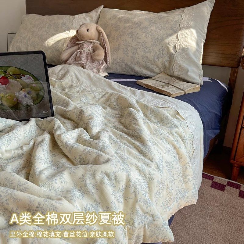 A类母婴级100全棉双层纱夏被纯棉夏凉被四件套可机洗空调被薄被子