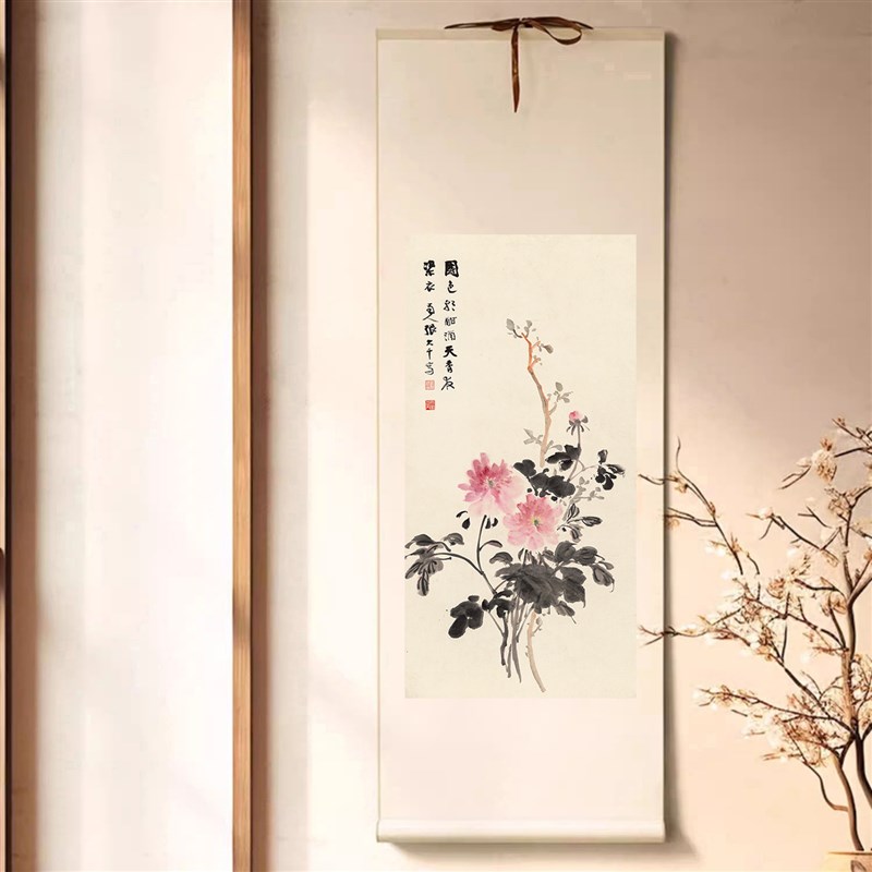 张大千国色天香牡丹花挂画客厅玄关装饰画办公室走廊过道卷轴字画