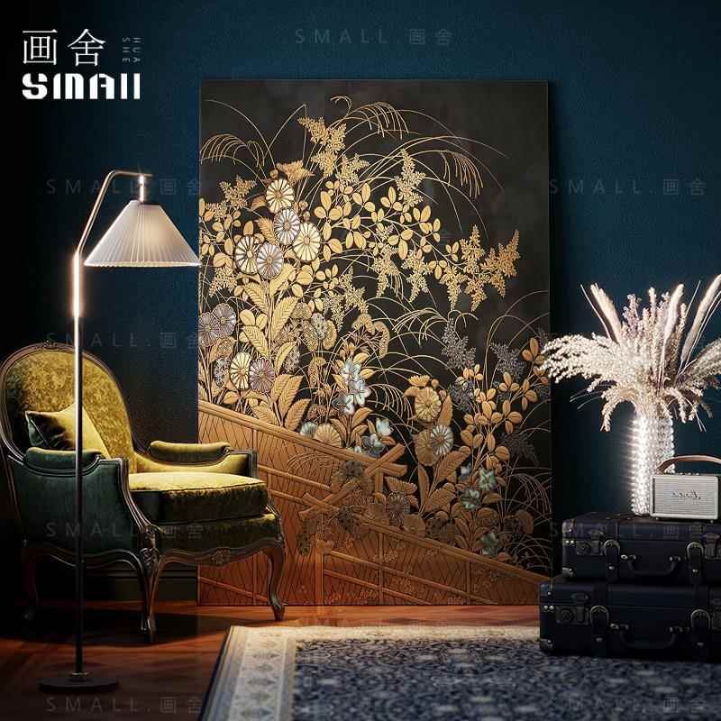 中国风古客厅装饰画玄关漆画挂画餐厅卧室背景中式植物花卉肌理画图片