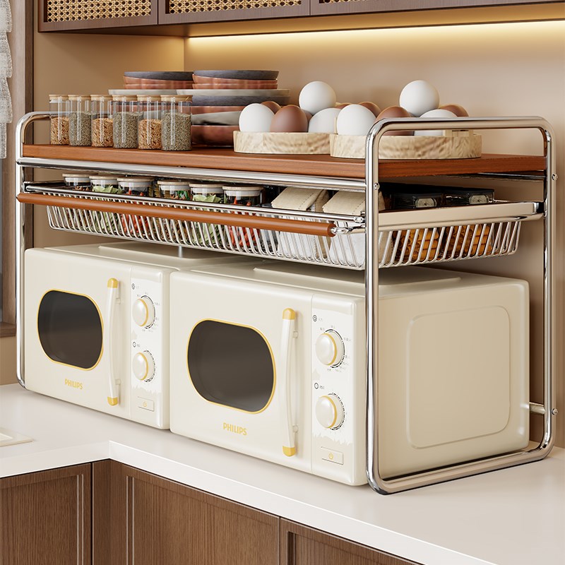 微波炉置物架f台面可抽拉多功能收纳架家用厨房储物架电饭煲摆放