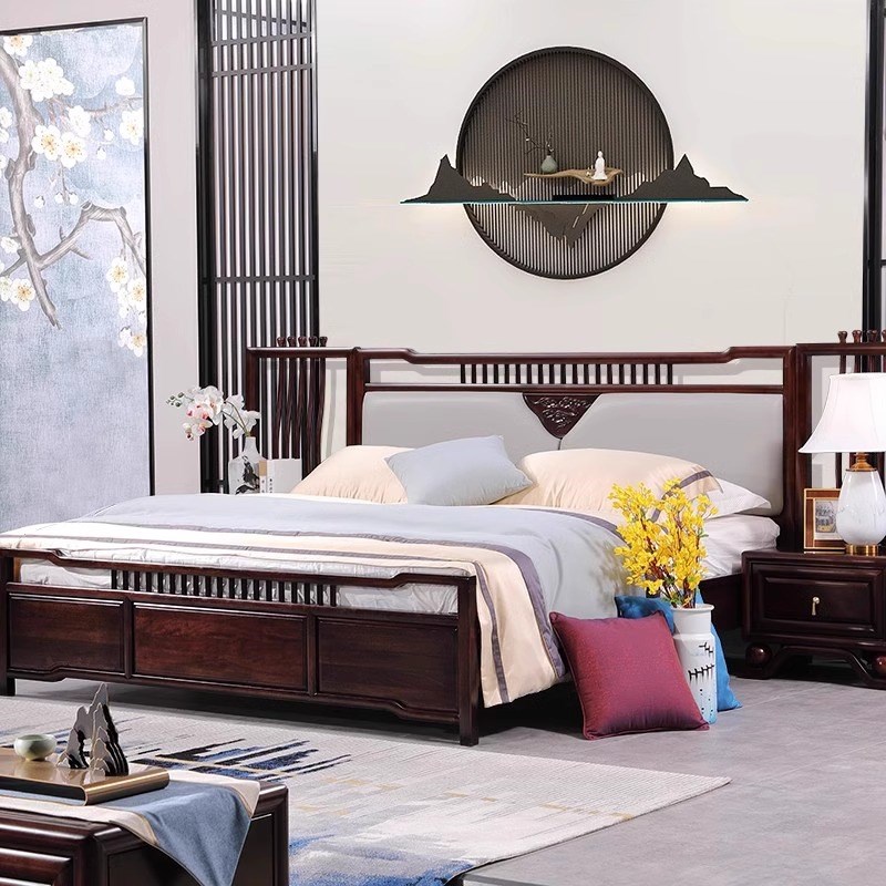 新中式黑檀木真皮靠背1.8米床现代实I木双人床家用卧室高端家具定