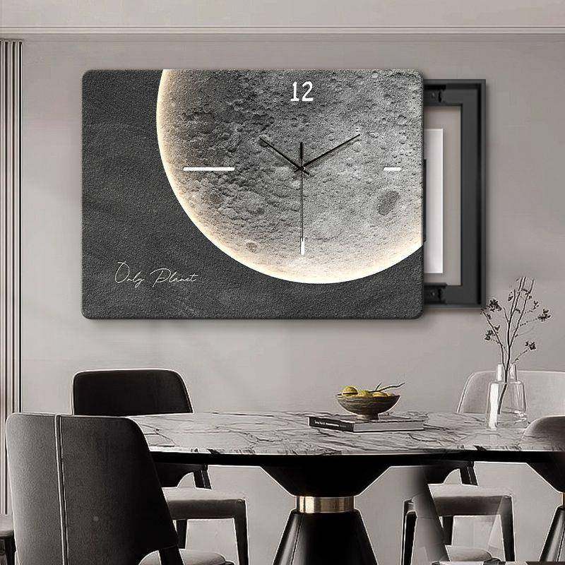 现简约月球电代箱装饰画免箱打LRW孔带钟表表遮挡配电电闸盒餐厅