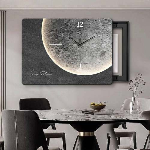 现简约月球电代箱装饰画免箱打LRW孔带钟表表遮挡配电电闸盒餐厅
