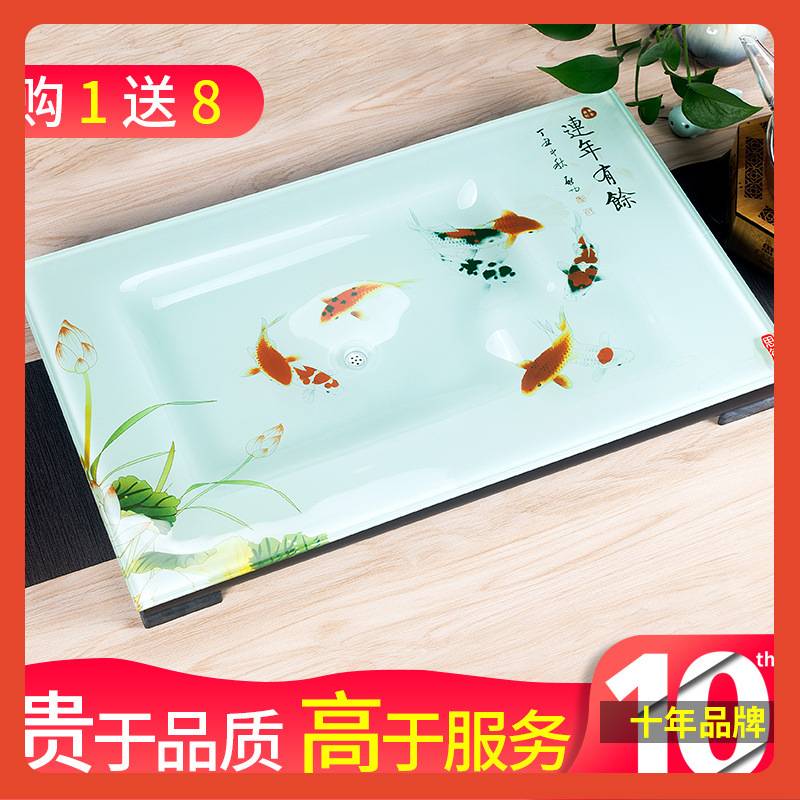 β钢化玻璃茶盘单层简约功夫托盘茶具套装排水式钢化琉璃茶盘思