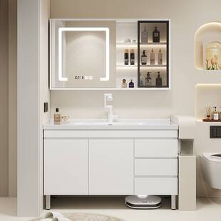 现代简约卫生间落地式多层实木浴室柜组合陶瓷一体盆洗漱台洗脸盆