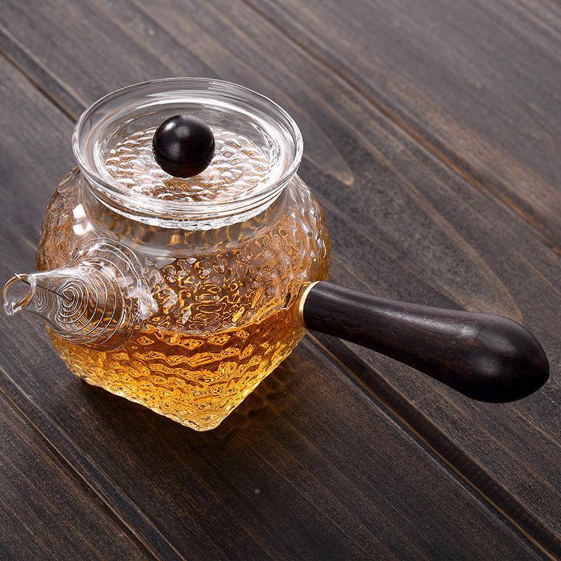 黑檀锤纹泡茶壶玻璃过滤花茶家用耐高加厚茶木柄温侧把茶壶锤壶纹