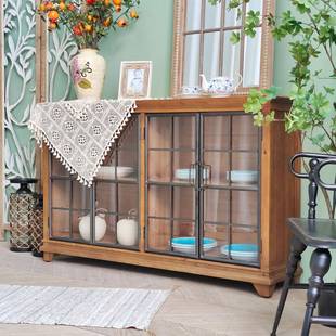 美水式复古风实木餐边柜柜铁钢化玻璃门收纳储物子客艺ICH厅靠墙