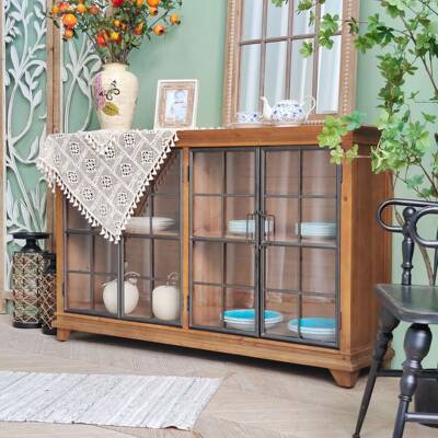 美水式复古风实木餐边柜柜铁钢化玻璃门收纳储物子客艺ICH厅靠墙