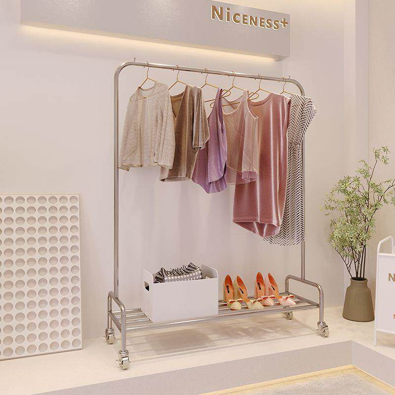 不877钢服装展示架衣童装店落地式锈中岛陈货架带轮列可移动挂架