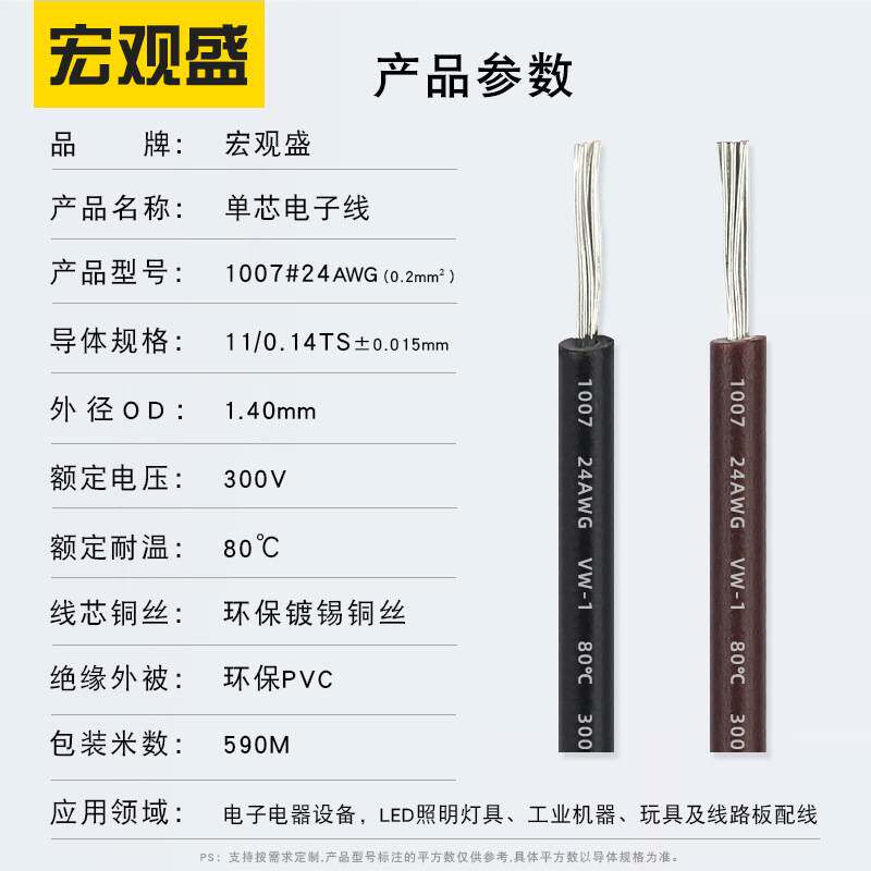 宏观盛 1007-24awg电子线11/0.14ts蓝色白色黄绿色LED灯条导线