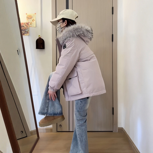 今年流行冰晶紫工装派克棉服女士新款韩版宽松棉袄大毛领棉衣外套