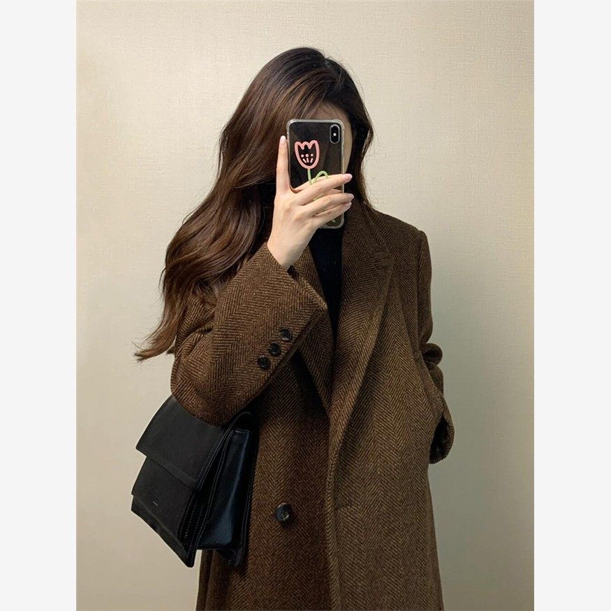 格子毛呢外套女小个子2024新款冬季高级感赫本风西装正肩呢子大衣