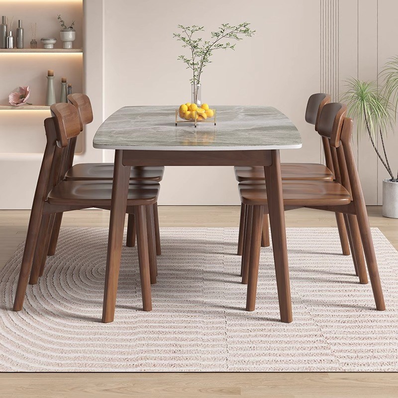 实木岩板餐桌椅组合现代简约轻奢家用小户型长Q方形北欧风吃饭桌