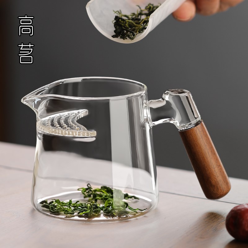 月牙公道杯玻璃带茶漏一体泡茶分茶壶透明带手柄木把倒茶过滤茶壶