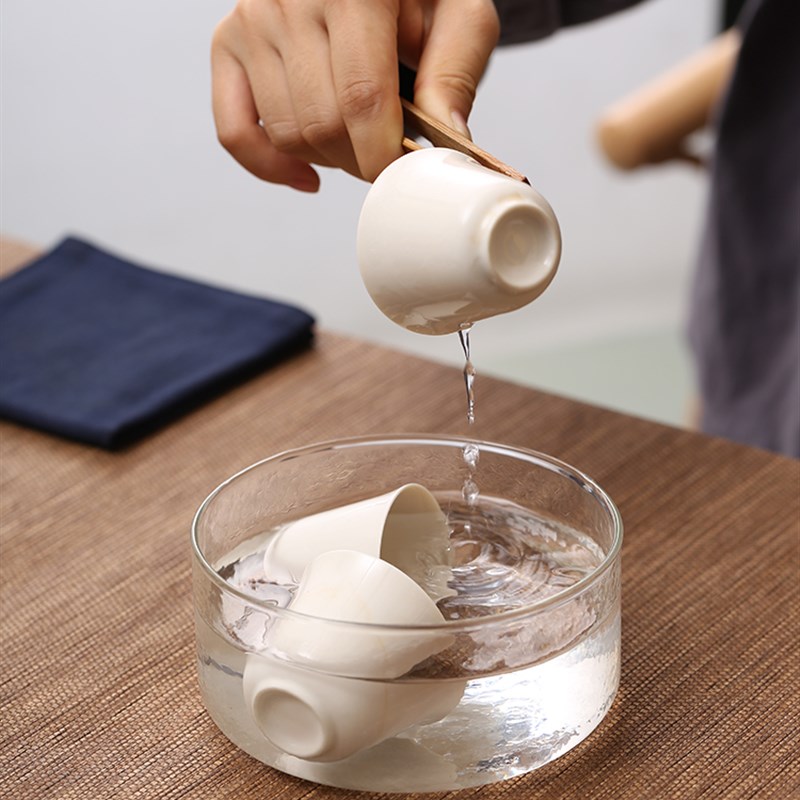 日式手工大号圆形锤纹玻璃茶洗家用笔洗洗茶杯盆水盂水果盘