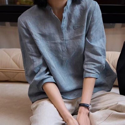 2025新款汉麻色织女气质蓝衬.衫2566