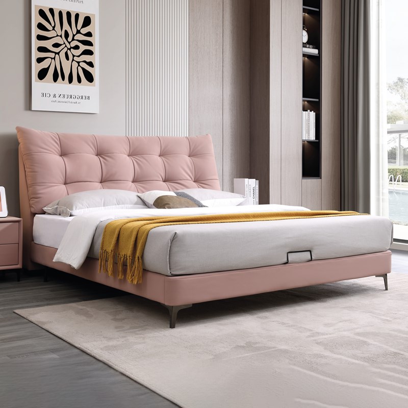 意式大黑熊床一米五1.8米双人床软包靠背全实木框架粉色皮床