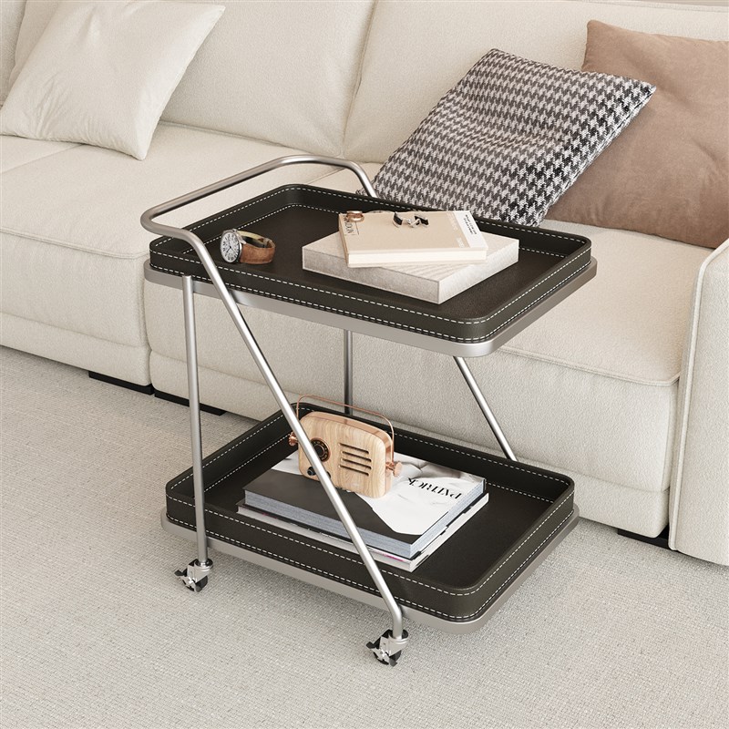 意式极简马鞍皮小推车沙发边几角几可移动茶几客厅卧室带轮置物架