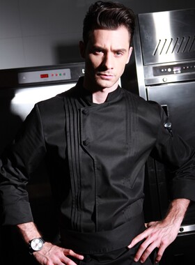 酒店厨师服装秋冬季饭店餐厅后厨餐饮厨师长工作服V男长袖白色工