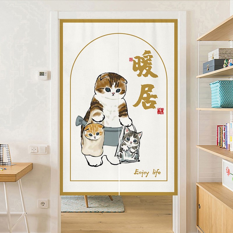 可爱猫咪门帘卧室卫生间厕所隔断帘子厨房免打孔遮挡布帘短帘挂帘