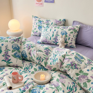 田园风植a物花卉紫色纯棉全棉被套单件宿舍被罩四件套150 230 200