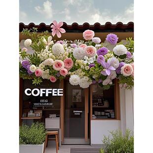 莫奈风门头花门楣彷真花咖啡店花店店门口橱窗开业美化花艺装饰