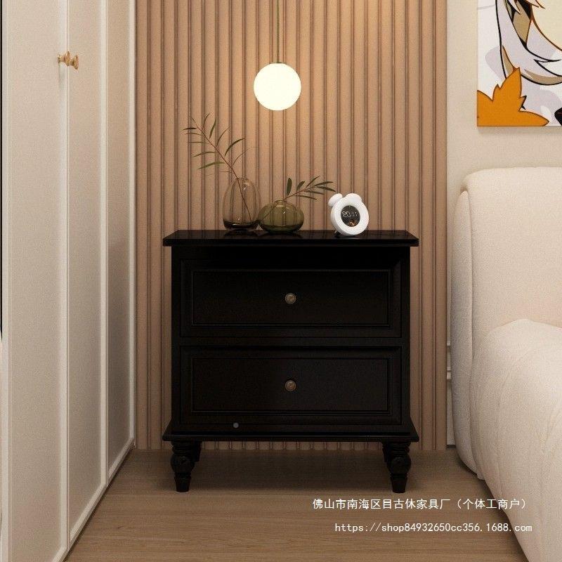 实木美式KHA床头柜简约室卧收纳柜奶物油储白色轻奢网柜红黑色床