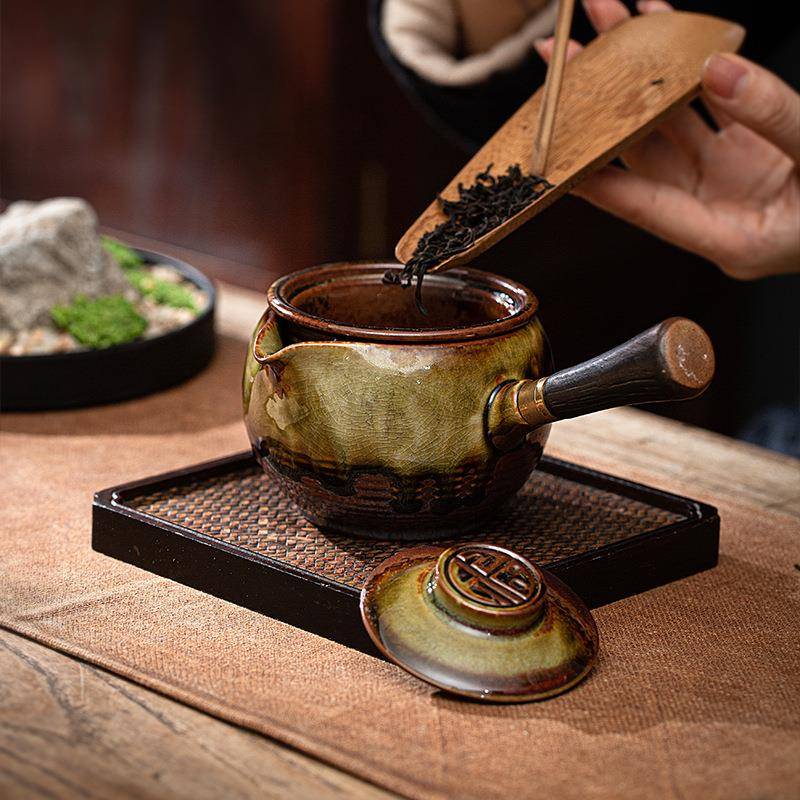 仿古柴流釉把壶复古窑CS167侧变陶瓷普大容量过滤茶具实木侧把烧