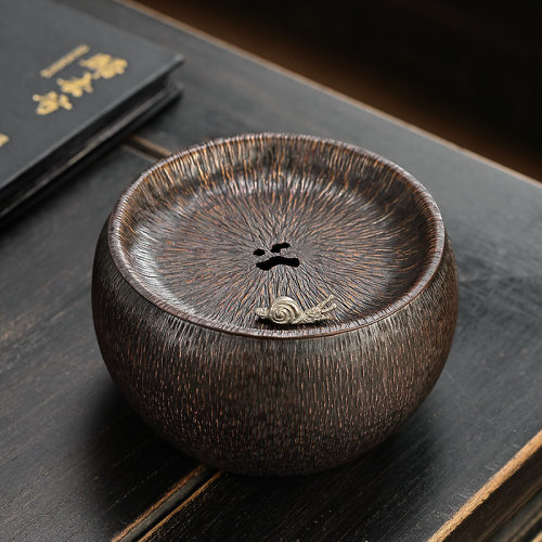 纯紫铜茶渣缸手工捶打桌面废水缸垃圾桶带过滤复古水盂茶洗收纳