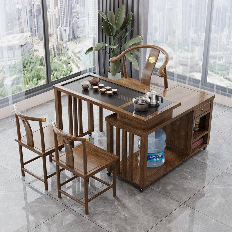 实木茶桌旋转式台阳台小1MSB户型移动1米.2茶桌椅组合橡胶米木带