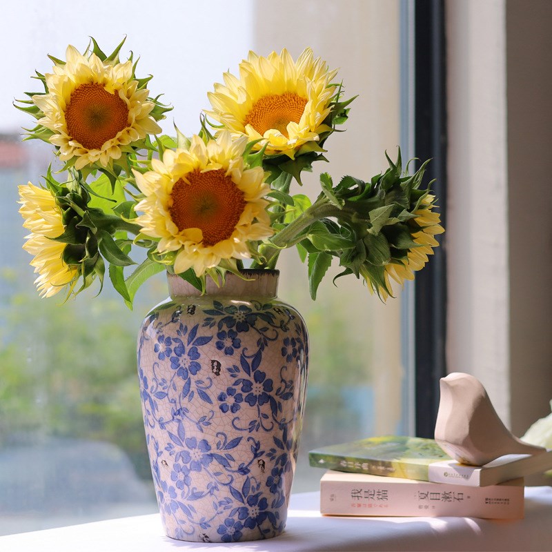 新中式复古做旧冰裂纹青花瓷花瓶家居客L厅摆件仿古鲜花水培花器