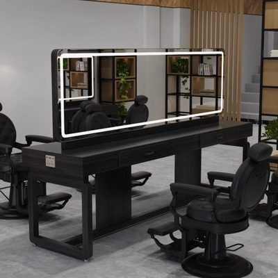 美发店复古实木镜台理发店发廊专用镜子烫染柜子一体带灯双面镜桌