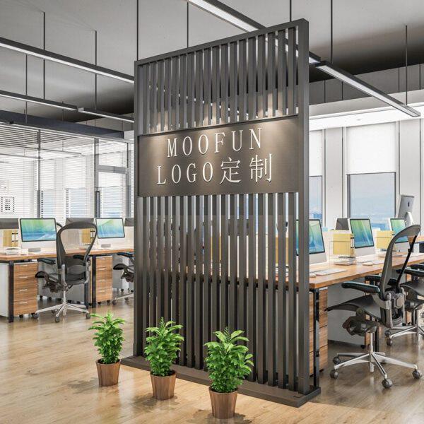 窗花格栅前台logo隔断落地座屏金属玄门商用办公铁艺屏风工业装饰