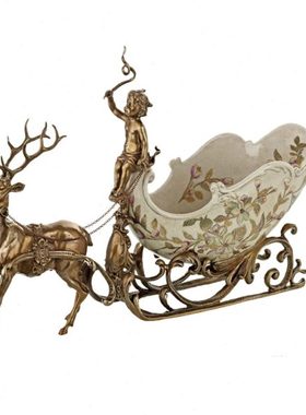 欧式家居软装客厅玄关摆件铜鹿雪橇红酒架陶瓷果盘桌面动物1012