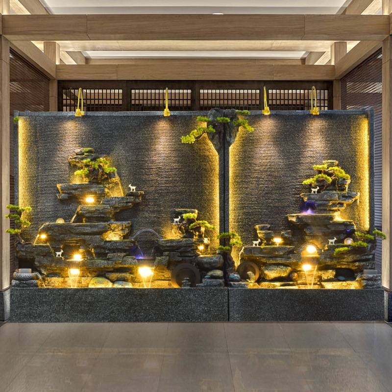 大型假山水幕墙酒店公司餐厅庭院鱼池装饰品流水喷泉落地招财摆件
